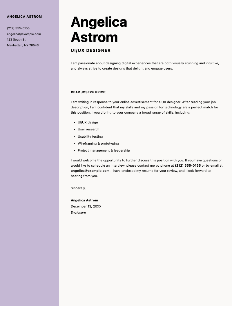 Modern UIUX designer cover letter - A sleek dual-column layout showcasing a UI/UX designer’s skills and passion. Perfect for tech professionals targeting creative roles.